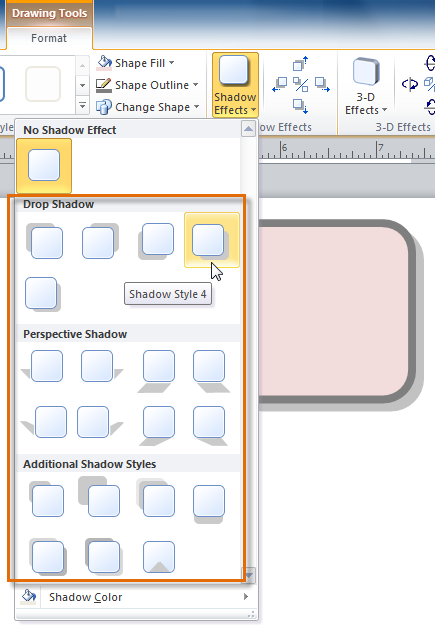 Selecting and previewing a shadow effect