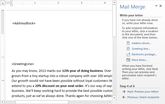 mail merge interface in Microsoft Word