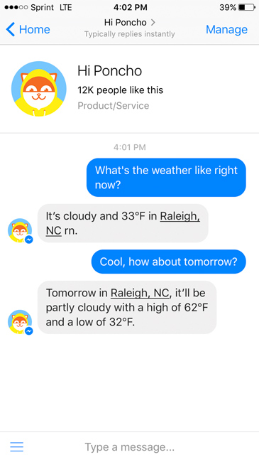 Using a chatbot that tells the weather