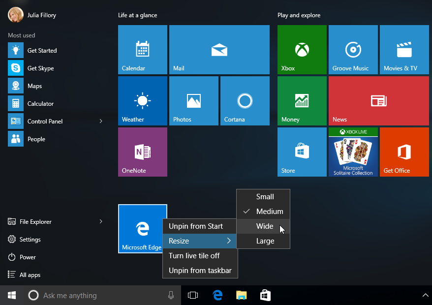 resizing a tile on the Start Menu