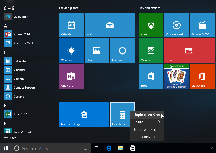 unpinning the Calculate app from the Start menu