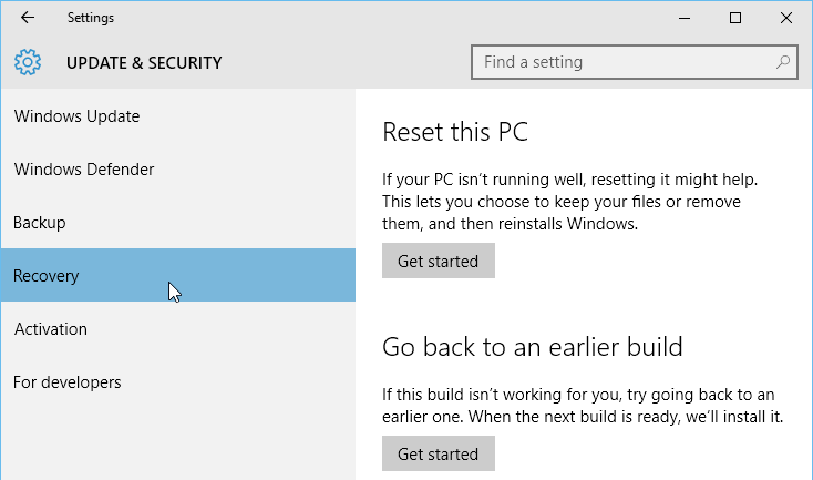 recovery options in Windows 10