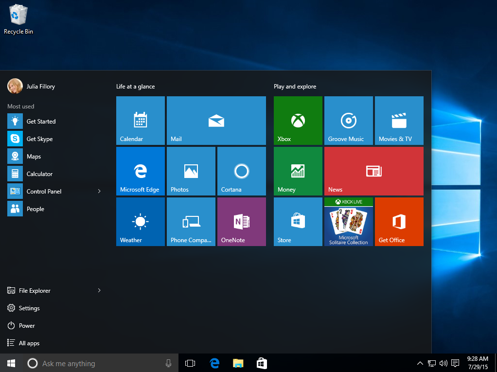 the Start menu in Windows 10