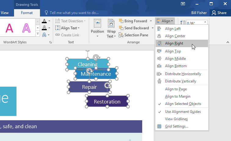 selecting the align right command