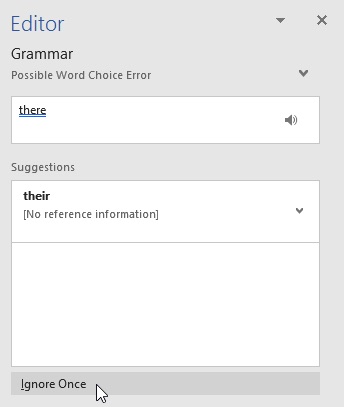 clicking the Ignore Once button to ignore grammar errors