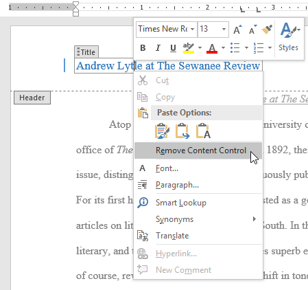 Removing a Content Control field