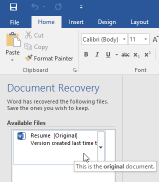 recovering a document with the AutoRecover feature