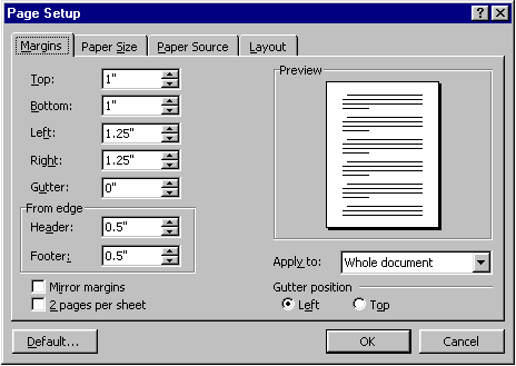 page setup dialog box