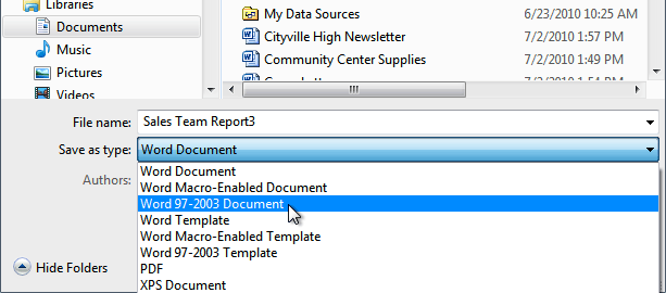 Saving as a Word 97-2003 document