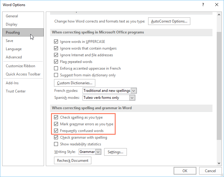 customizing spell check options