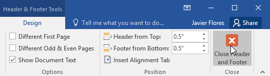 Clicking Close Header and Footer