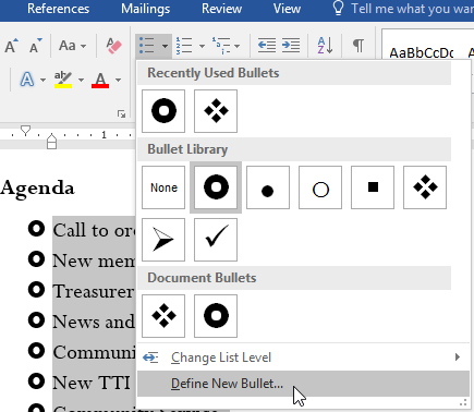 Selecting Define New Bullet in the Bullet menu