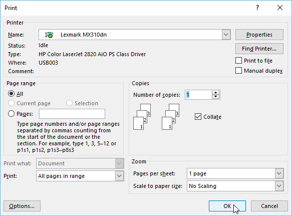 customizing options in the Print dialog box