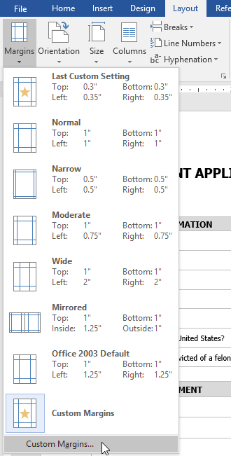 Selecting Custom Margins...