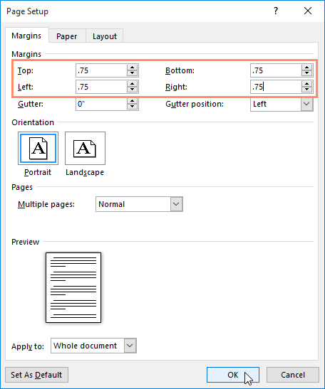 The Page Setup dialog box