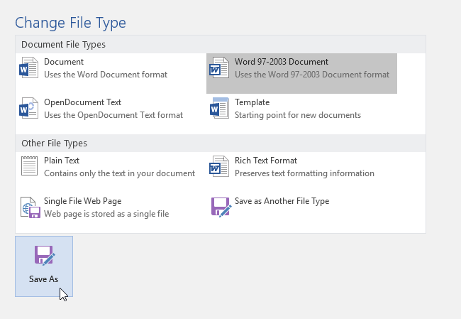 choosing a file type for export