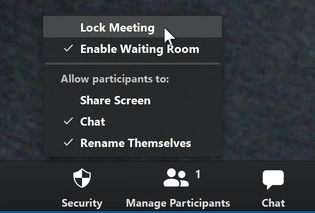 A screenshot of a mouse cursor hovering over the Lock Meeting option in the Zoom app.