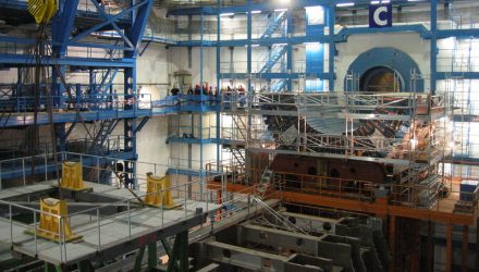 ATLAS experiment detector under construction in October 2004 in its experimental pit; the current status of construction can be seen on the CERN website.[1] Note the people in the background, for comparison. Nikolai Schwerg CC BY-SA 3.0