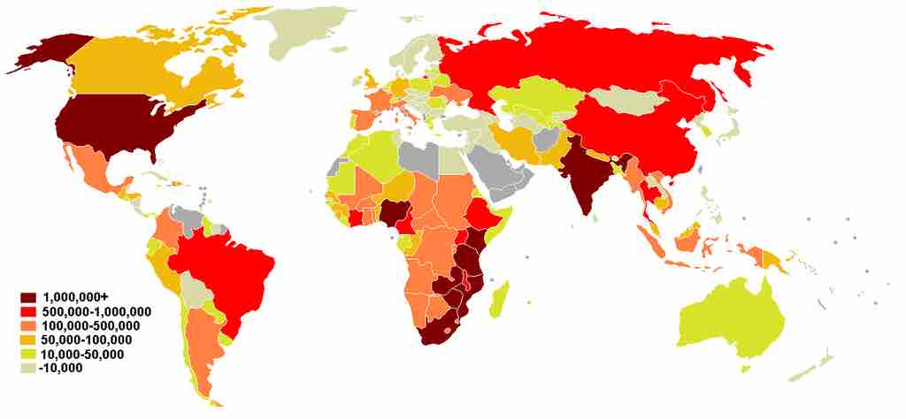 World map of people living with HIV/AIDS