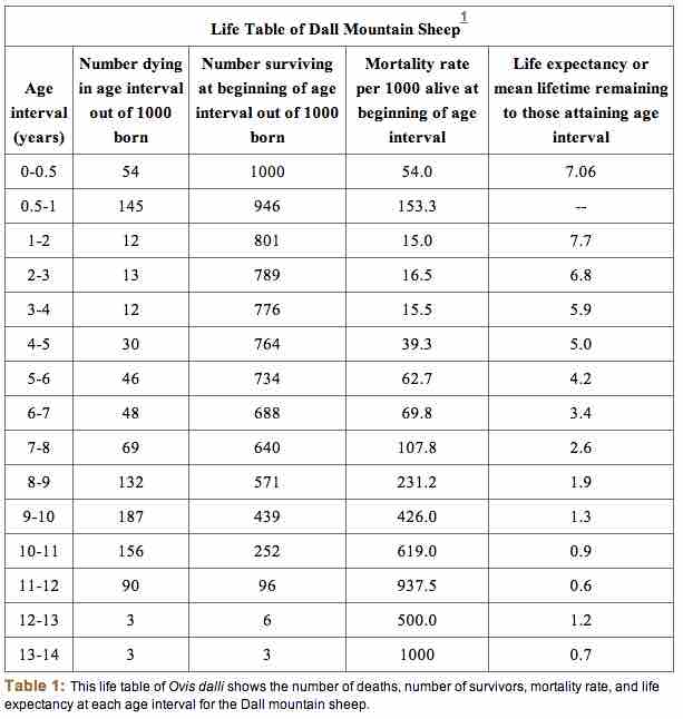 Life table of Dall mountain sheep