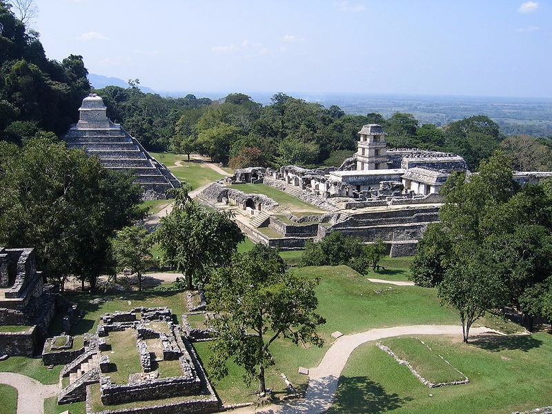 Palace (right) and Temple of the Inscriptions, tomb-pyramid of Lord Pakal (left). Palenque, Mexico. Maya culture, late 7th century.