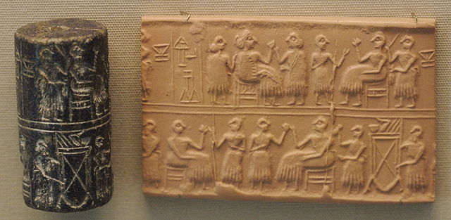 Cylinder seal and stamped clay fragment from the tomb of Queen Puabi (c. 2600 BCE)