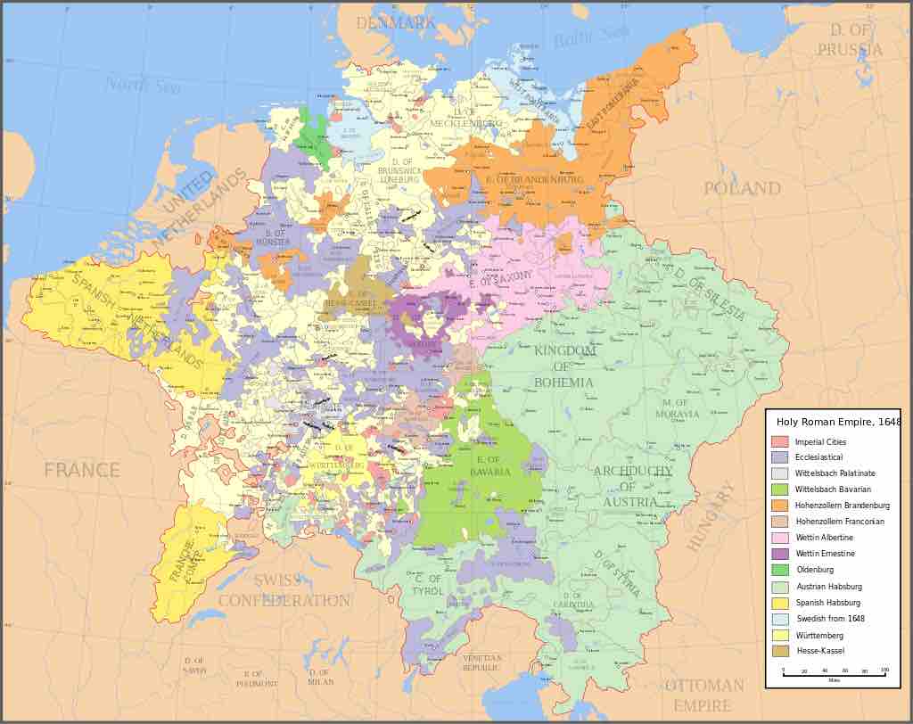 
The Holy Roman Empire after the Peace of Westphalia, 1648. Made from the public domain map "Central Europe about 1648" from the Historical Atlas by William R. Shepherd, at the Perry-Castañeda Library Map Collection at the University of Texas. Source: Wikipedia