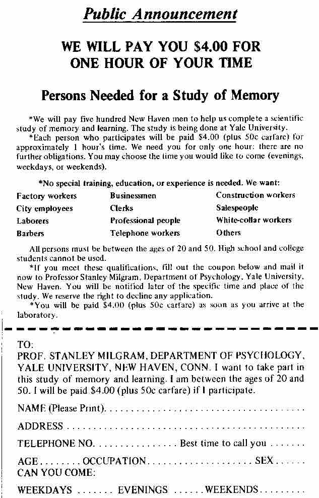 Milgram Experiment Advertisement