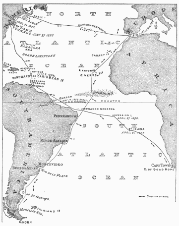 Chart of the Spray's Atlantic voyages from Boston to
Gibraltar, thence to the Strait of Magellan, in 1895, and finally
homeward bound from the Cape of Good Hope in 1898.