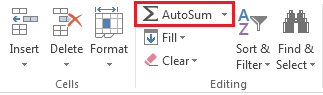 Image shows the Home tab in Excel with the AutoSum dropdown highlighted with a red outline