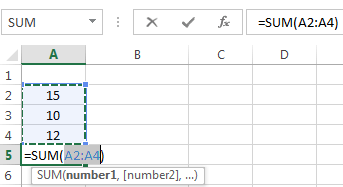 Image shows a segment of an Excel worksheet with data highlighted and a sum formula