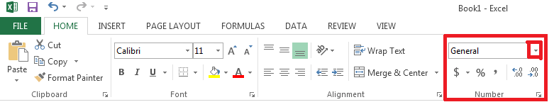 Image shows the Home tab in Excel with the Number format area highlighted with a red outline