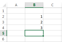 Image shows a seven-row by four-column segment of an Excel worksheet with data in cells B2, B3, and B4