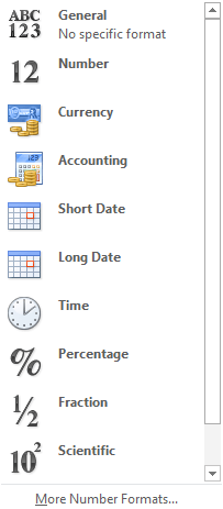 Image shows the number format dropdown and options