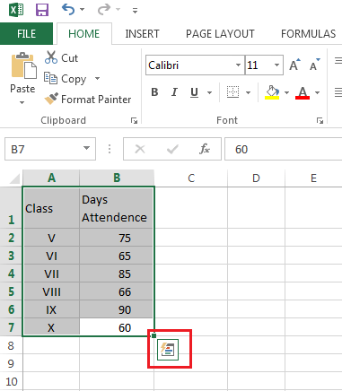 Image shows paired data selected with the Quick Analysis icon highlighted in a red outline