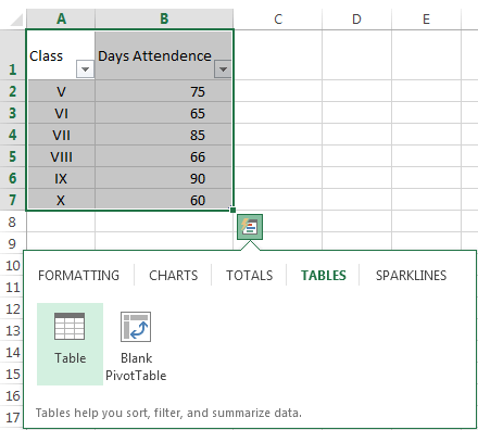 Image shows Quick Analysis menu