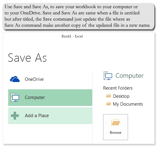 Image shows Save As menu in Excel with a note that differentiates Save from Save As