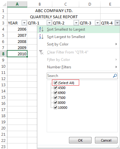 Image shows menu for sorting data with Select All highlighted in a red box