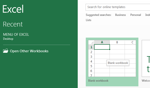 Image shows Excel menu when Excel is started for the first time