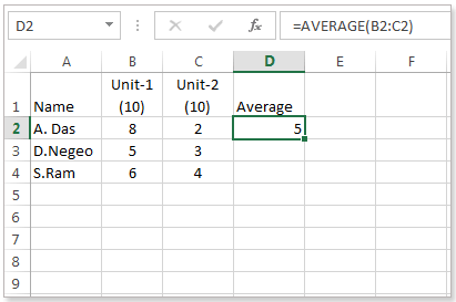 Image shows a function in the formula bar which gives the average of cells B2 and C2. The result is given in cell D2.