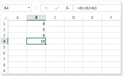 Image shows the formula from above with one of the data points changed, demonstrating the change in the output in cell B4