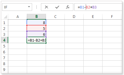 Image shows the formula from above. In the formula bar, the formula has been changed so that the data in cell B2 is subtracted from the sum, rather than added. Formula bar is now showing the expression =B1-B2+B3