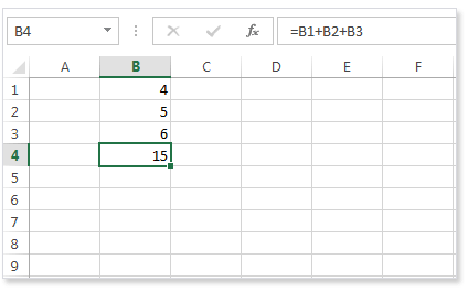 Image shows a segment of an Excel worksheet with a formula in the formula bar which adds the numbers in cells B1, B2, and B3. The output appears in B4.