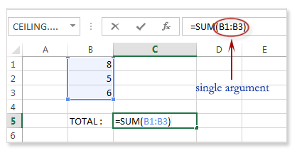 Image shows a sum function in the formula with the argument part of the formula highlighted with a red circle