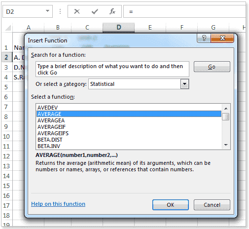 Image shows the Insert Function dialog box. Functions are listed alphabetically and a description of the function is available