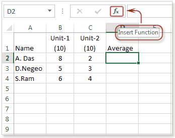 Image shows how to insert a preset function by clicking the Insert Function button to the immediate left of the formula bar