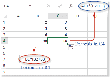 Image shows the result of pasting a formula into an adjacent cell. In the formula bar, the cell references have changed and now refer to data in Column C, rather than Column B.