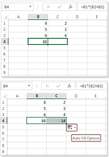 Image shows how to paste a formula into an adjacent cell by dragging from the bottom right corner of a cell with a formula to the right