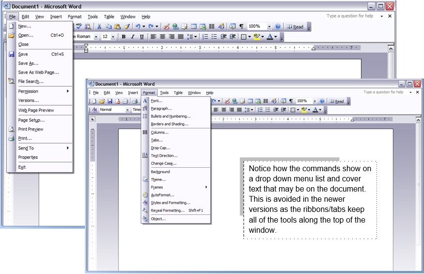 Screenshot of Microsoft Word 2007 Interface with a text insert indicating that new versions of Word do not have dropdown menus which cover a portion of the document.