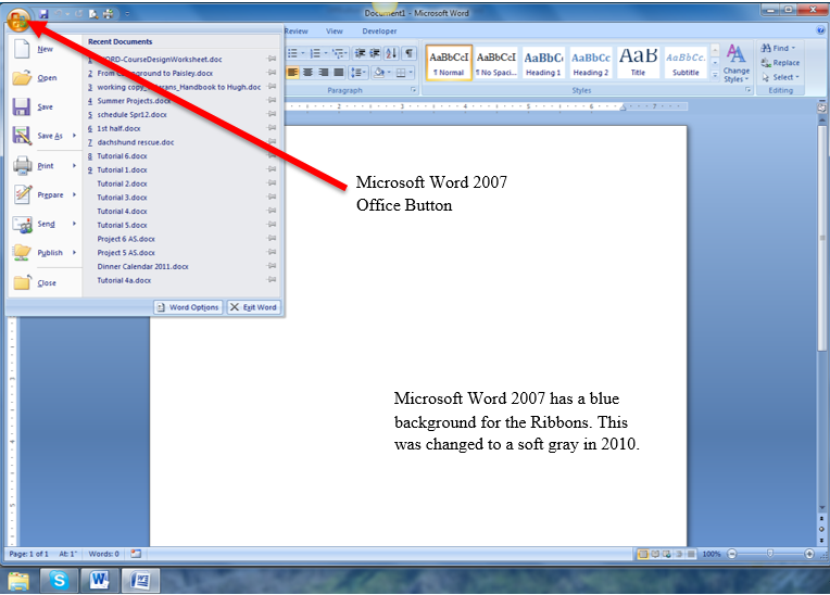 Screenshot of Microsoft Word 2007 pointing out the Office Button